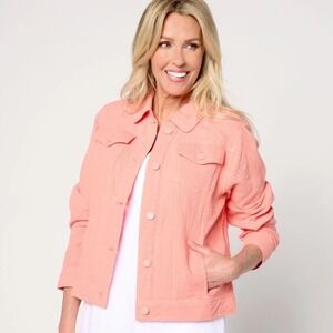 Bridgehampton Isaac Mizrahi Jacket Medium Coral Crinkle Gauze Cotton Beach